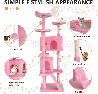 Heavy Duty Cat Tree, 70 Inch Tall Tower with 3 Top Perches Platforms & 2 Cozy Condos, Climbing Tower with Ladders & Sisal Pole, Scratching Tree for Large Cats Play House, Pink