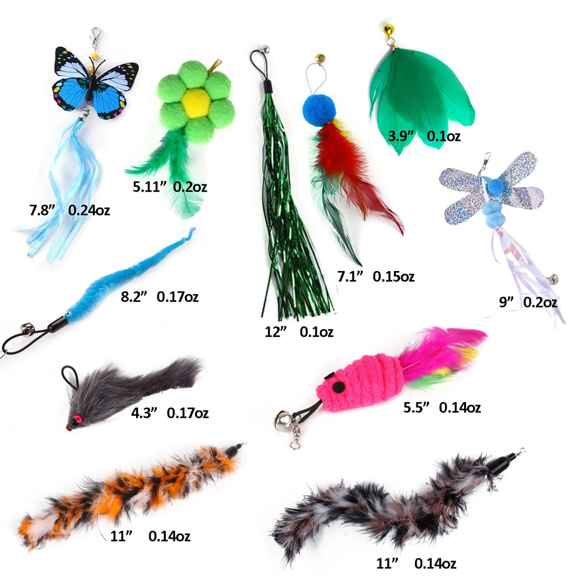11 PCS Cat Feather Toy, Multiple Styles Feather Refills for Cat Toys, Replacement Feather Toy with Bell Refills, Interactive Catcher Teaser and Funny Exercise for Kitten or Cats