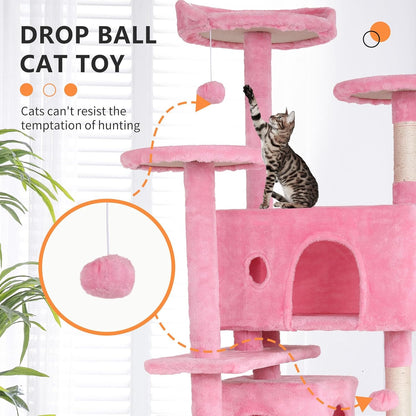 Heavy Duty Cat Tree, 70 Inch Tall Tower with 3 Top Perches Platforms & 2 Cozy Condos, Climbing Tower with Ladders & Sisal Pole, Scratching Tree for Large Cats Play House, Pink