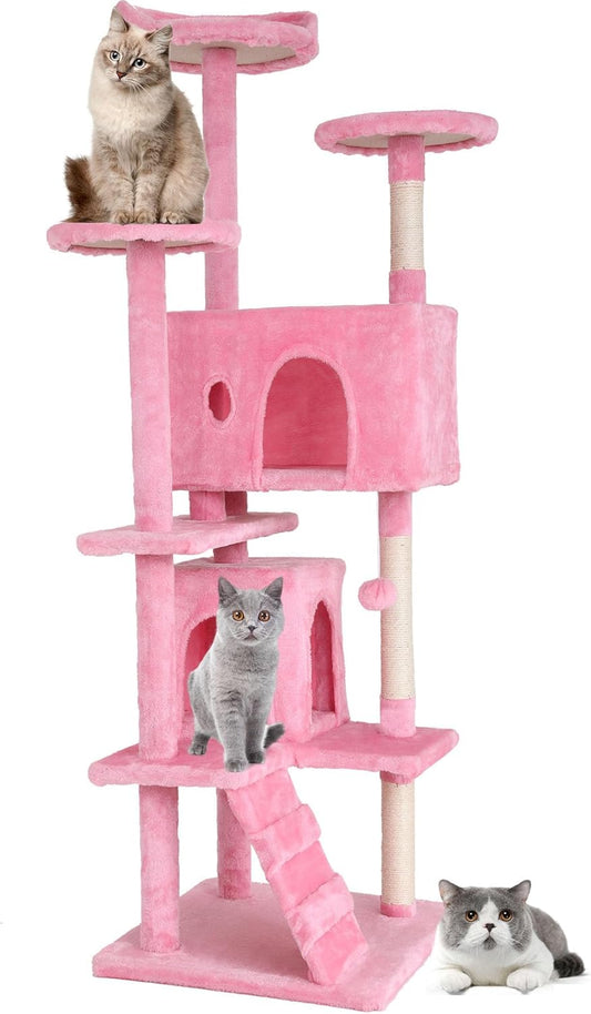 Heavy Duty Cat Tree, 70 Inch Tall Tower with 3 Top Perches Platforms & 2 Cozy Condos, Climbing Tower with Ladders & Sisal Pole, Scratching Tree for Large Cats Play House, Pink
